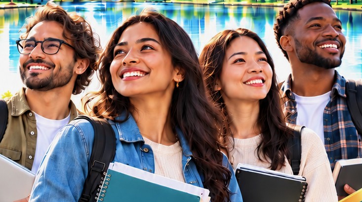 Students smiling and looking ahead, holding notebooks